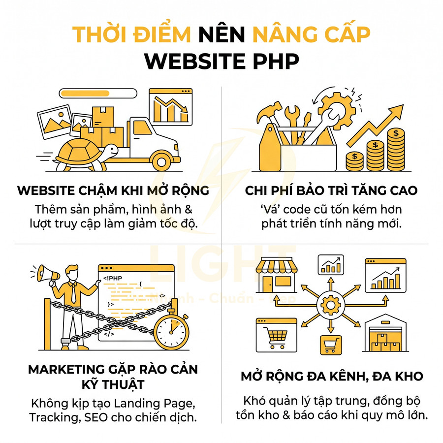 Infographic lý do nên nâng cấp website PHP với các vấn đề tốc độ, bảo trì, marketing và mở rộng đa kênh