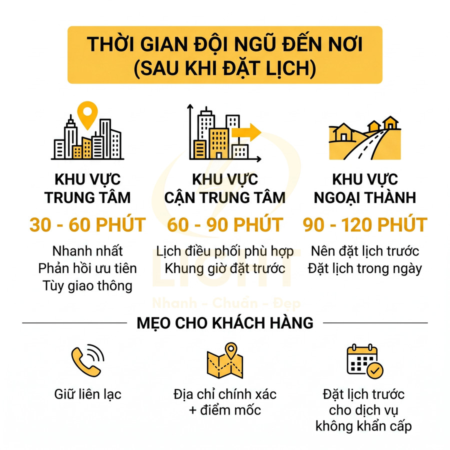 Thời gian đội ngũ đến nơi theo khu vực trung tâm, cận trung tâm, ngoại thành và mẹo đặt lịch cho khách hàng