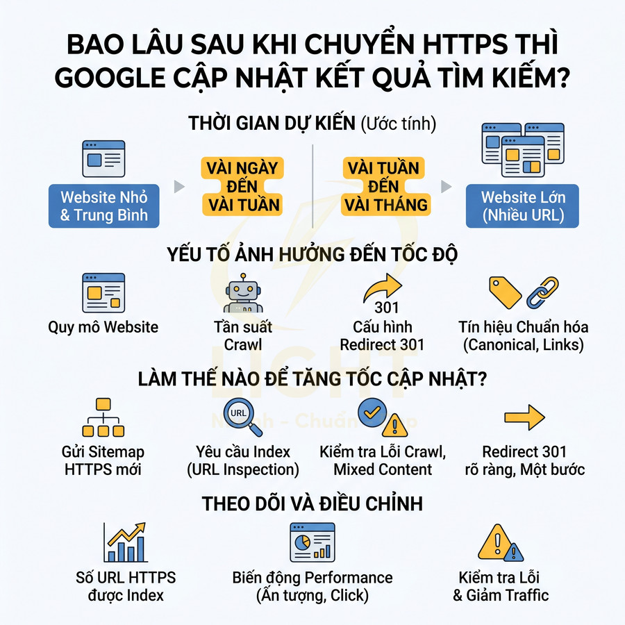 Infographic hướng dẫn thời gian Google cập nhật kết quả tìm kiếm sau khi chuyển website từ HTTP sang HTTPS