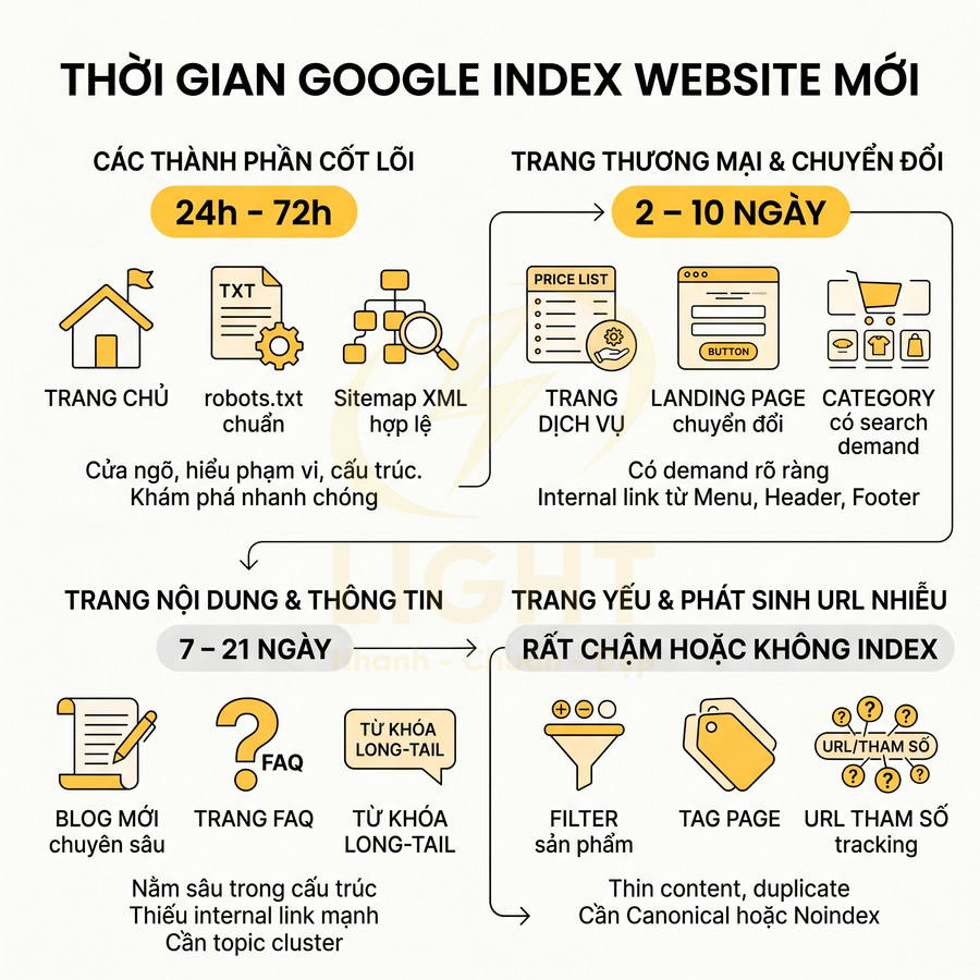 Thời gian Google index website mới với các loại trang chủ, dịch vụ, landing page, blog và trang yếu