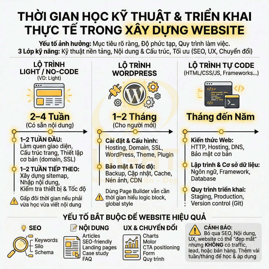 Lộ trình học kỹ thuật và triển khai xây dựng website với no code, WordPress và tự code, kèm các yếu tố SEO và UX