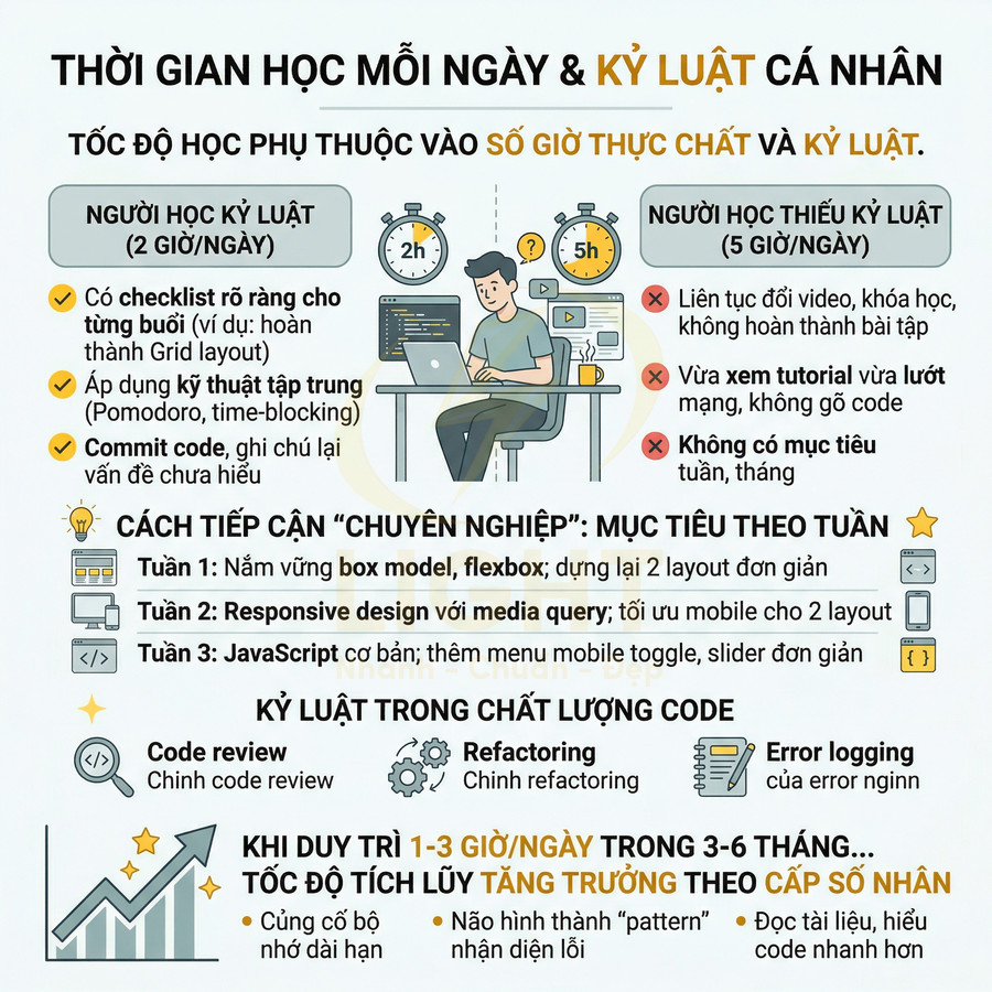 Infographic hướng dẫn lập kế hoạch thời gian học lập trình mỗi ngày và rèn luyện kỷ luật cá nhân