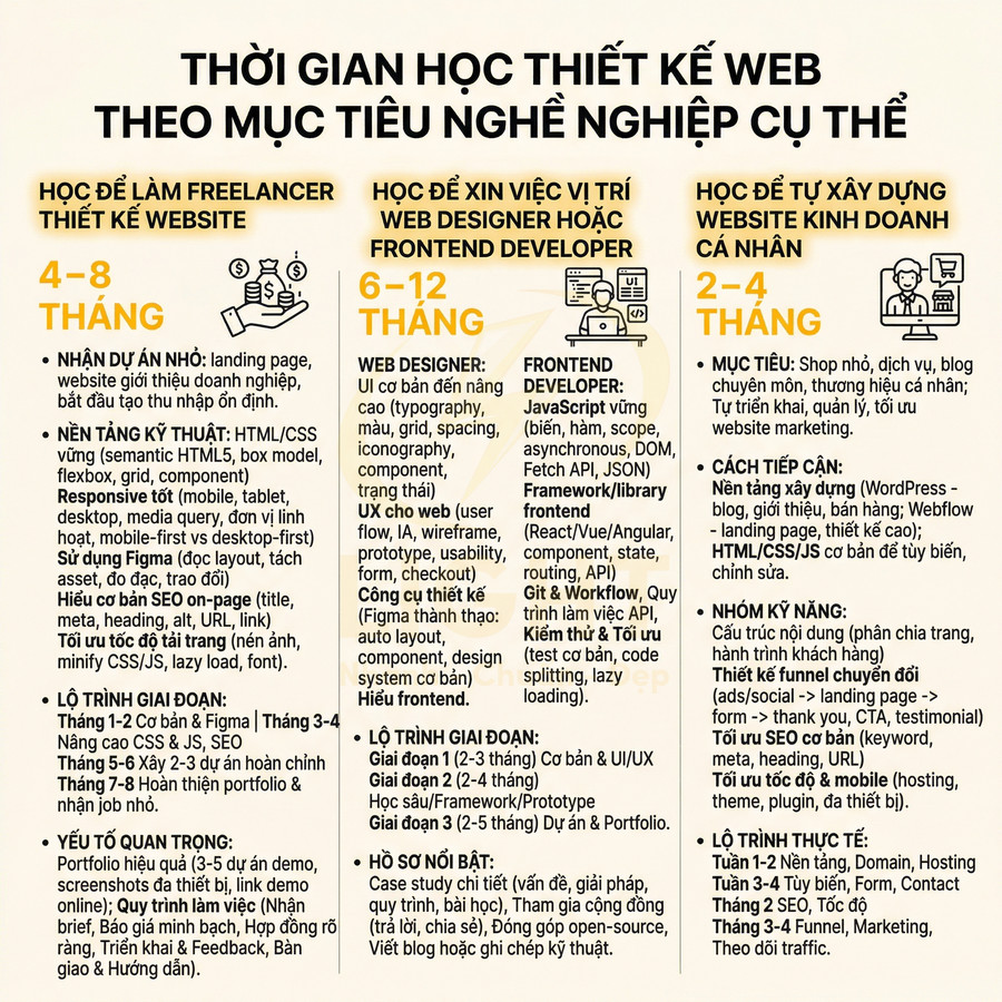 Thời gian học thiết kế web theo mục tiêu nghề nghiệp cụ thể cho freelancer, xin việc và xây dựng website kinh doanh