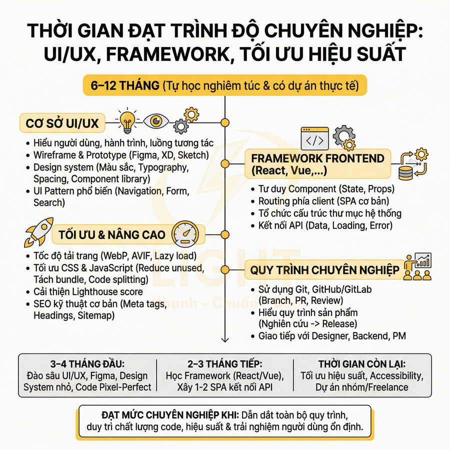 Lộ trình 6–12 tháng học UI UX, framework frontend và tối ưu hiệu suất để đạt trình độ lập trình viên chuyên nghiệp