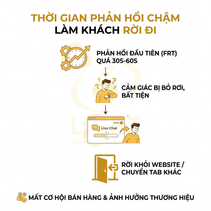 Infographic quy trình khách rời website vì phản hồi live chat chậm, mất cơ hội bán hàng và ảnh hưởng thương hiệu