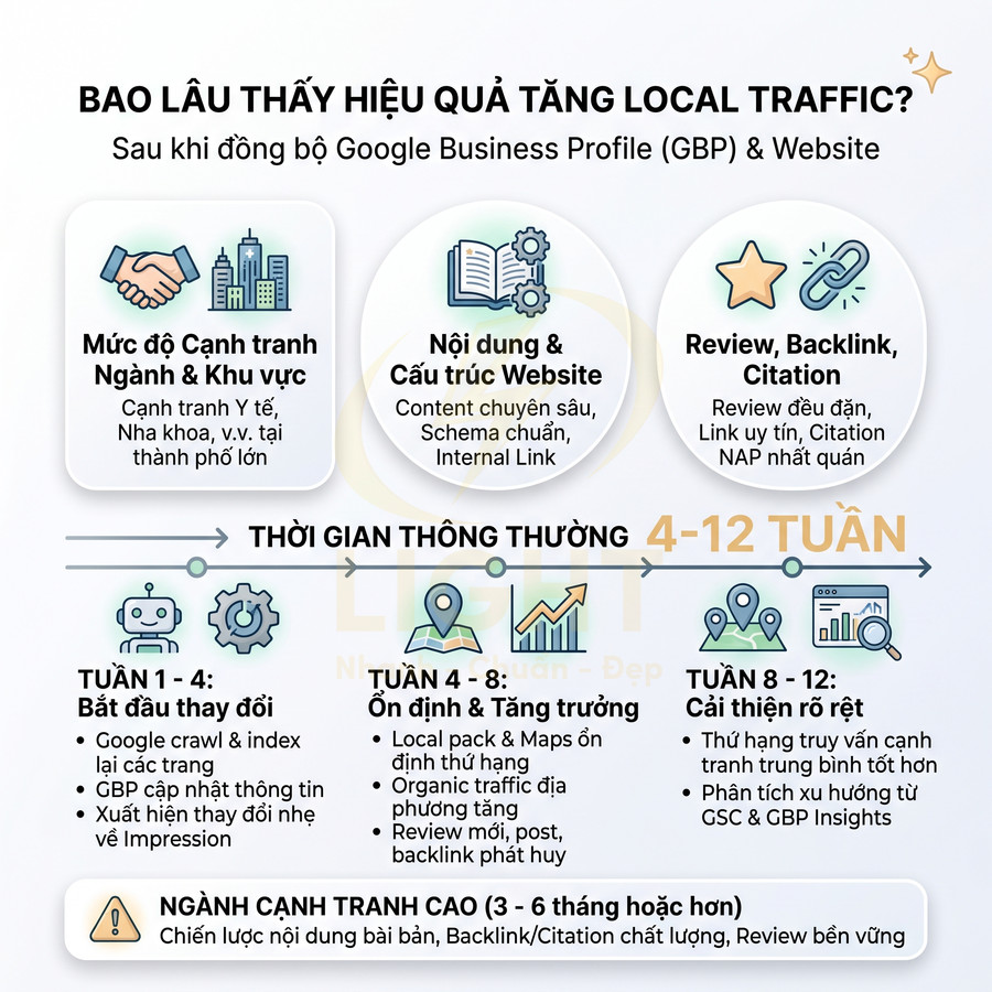 Infographic lộ trình 4 đến 12 tuần tăng local traffic sau khi tối ưu Google Business Profile và website