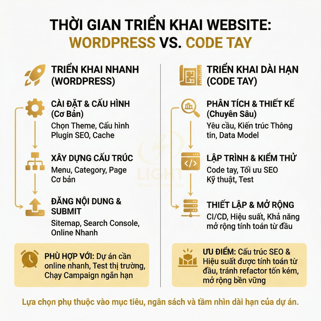 So sánh thời gian triển khai website WordPress và code tay, ưu nhược điểm và quy trình thực hiện