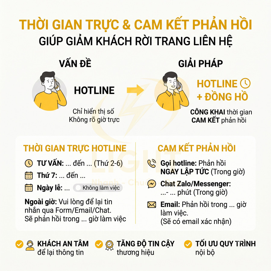 Mẫu thiết kế giới thiệu thời gian trực hotline và cam kết phản hồi giúp giảm khách rời trang liên hệ