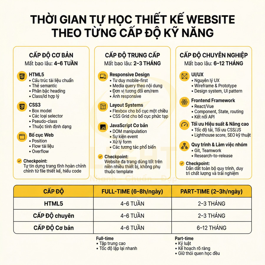 Bảng thời gian tự học thiết kế website theo cấp độ kỹ năng từ cơ bản đến chuyên nghiệp