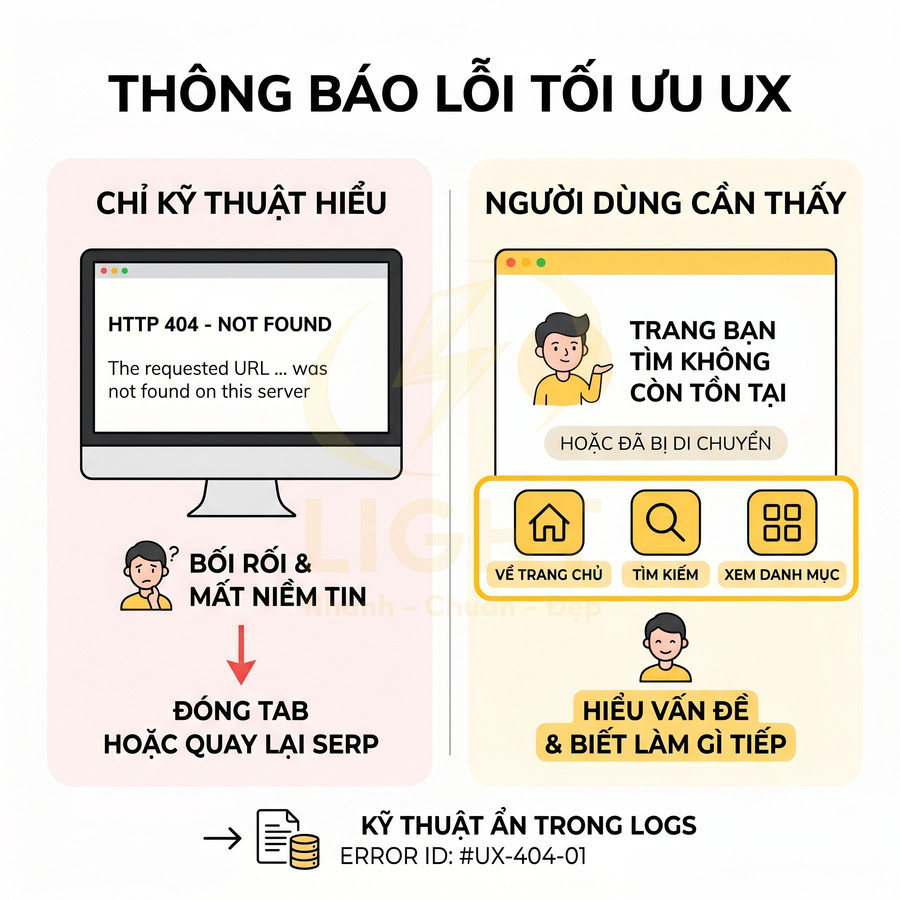 Minh họa tối ưu UX cho trang lỗi 404, so sánh thông báo kỹ thuật và thông báo thân thiện kèm nút điều hướng