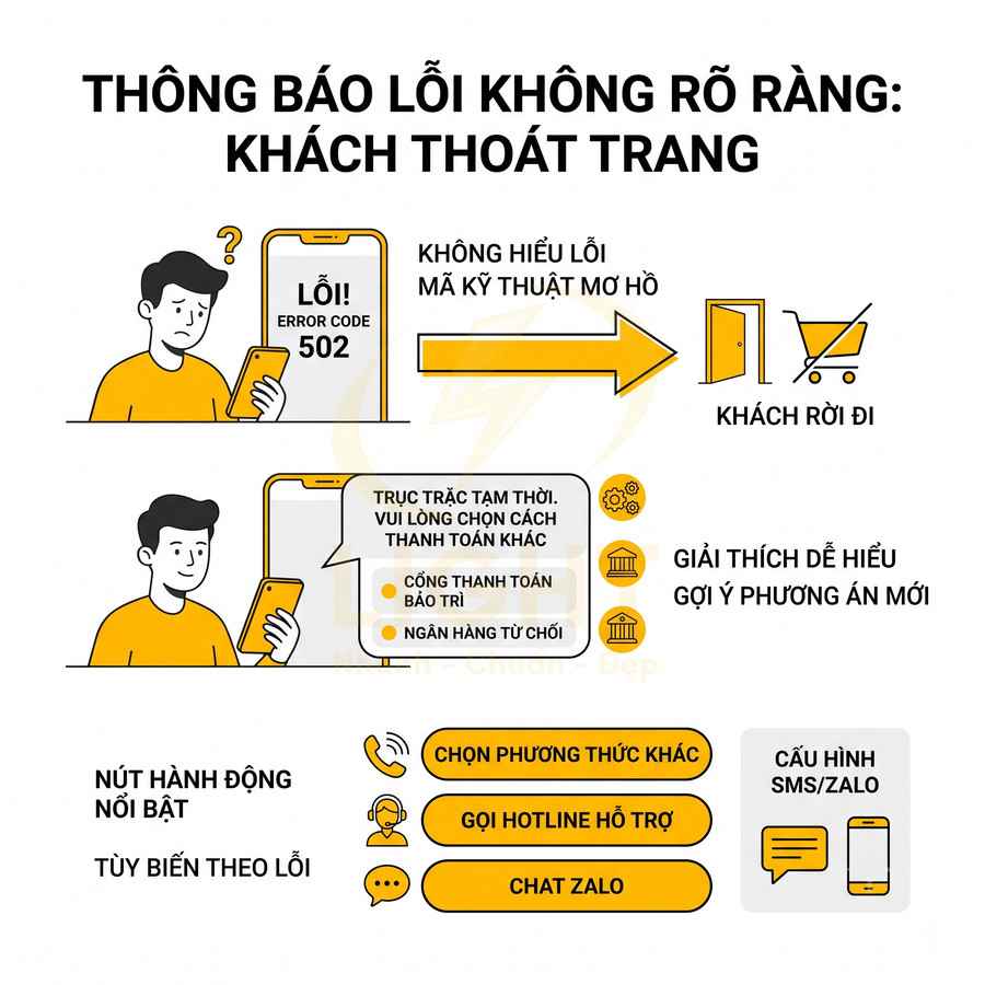 Minh họa thông báo lỗi 502 trên điện thoại và gợi ý cách viết thông báo lỗi rõ ràng, dễ hiểu cho khách hàng