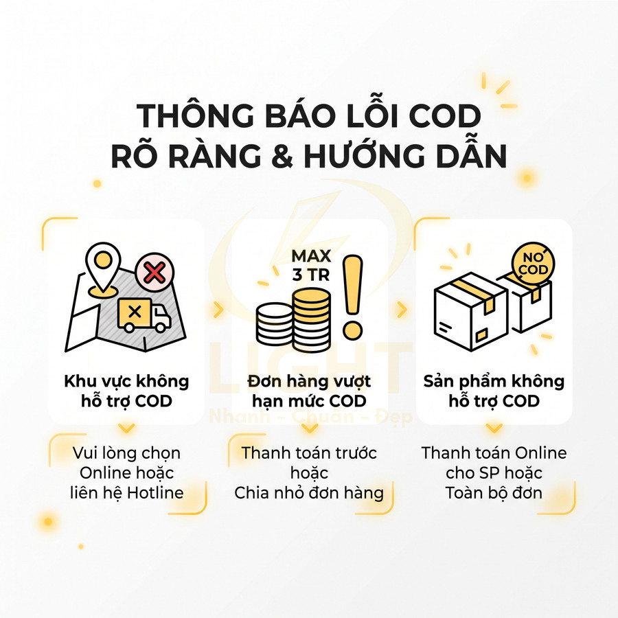 Hướng dẫn lỗi COD cho đơn hàng online gồm khu vực, hạn mức và sản phẩm không hỗ trợ thanh toán khi nhận hàng