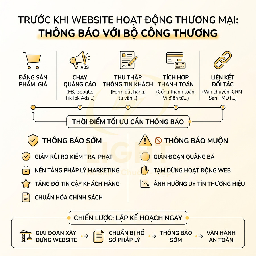 Infographic hướng dẫn thông báo website thương mại điện tử với Bộ Công Thương và lợi ích khi thông báo sớm