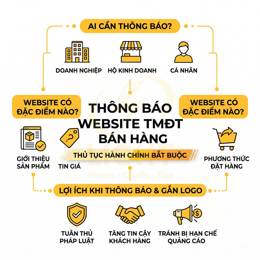 Thông báo website TMĐT bán hàng, nêu đối tượng cần thông báo và lợi ích khi đăng ký, gắn logo tuân thủ pháp luật