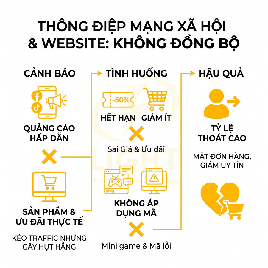 Thông điệp cảnh báo quảng cáo mạng xã hội không đồng bộ website gây sai ưu đãi và tăng tỷ lệ thoát đơn hàng