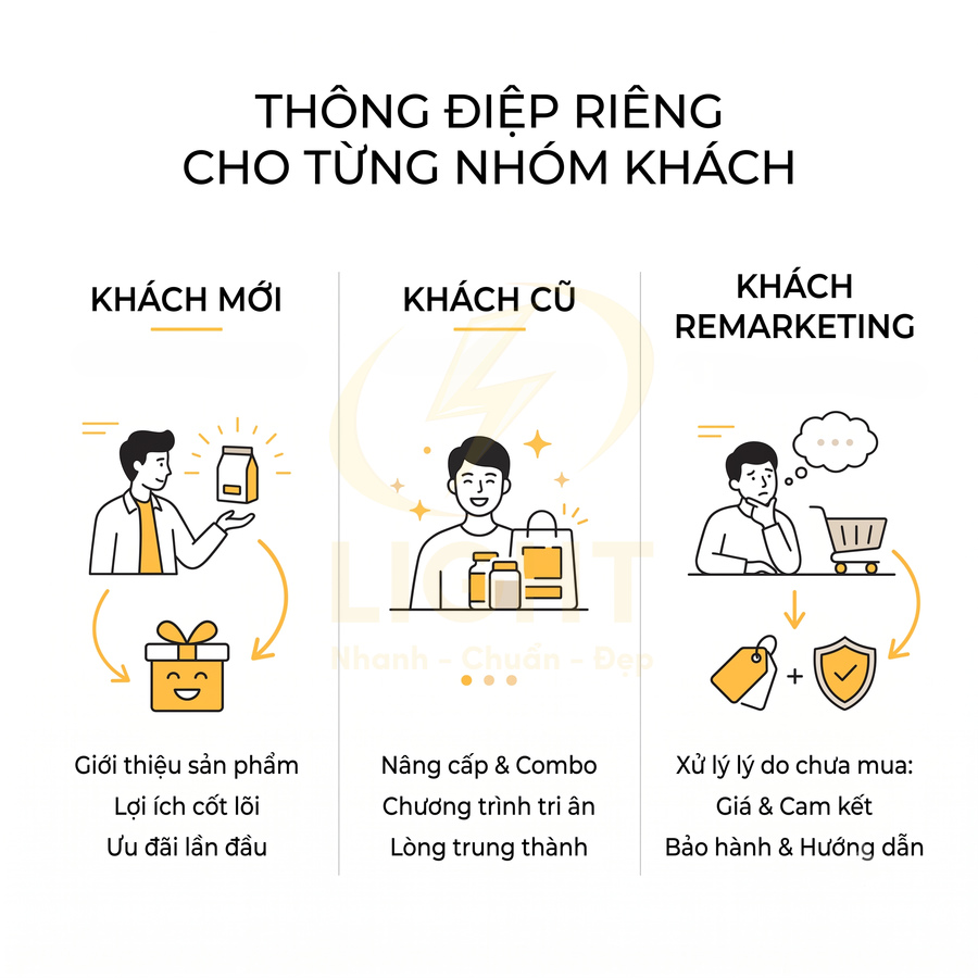 Thông điệp marketing riêng cho khách mới, khách cũ và khách remarketing với ưu đãi, combo và cam kết bảo hành