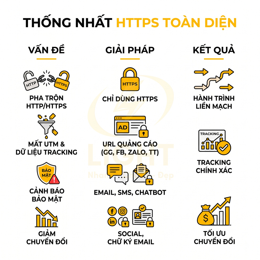 Infographic thống nhất HTTPS toàn diện với cột vấn đề, giải pháp và kết quả tối ưu tracking và chuyển đổi