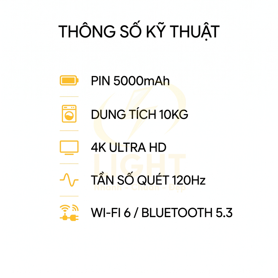 Thông số kỹ thuật sản phẩm với pin 5000mAh, dung tích 10kg, màn hình 4K 120Hz, hỗ trợ WiFi 6 và Bluetooth 5.3