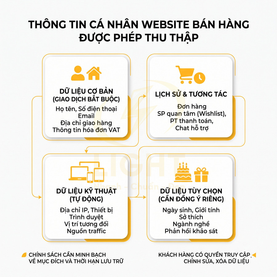 Thông tin cá nhân website bán hàng được phép thu thập và phân loại theo 4 nhóm dữ liệu chính