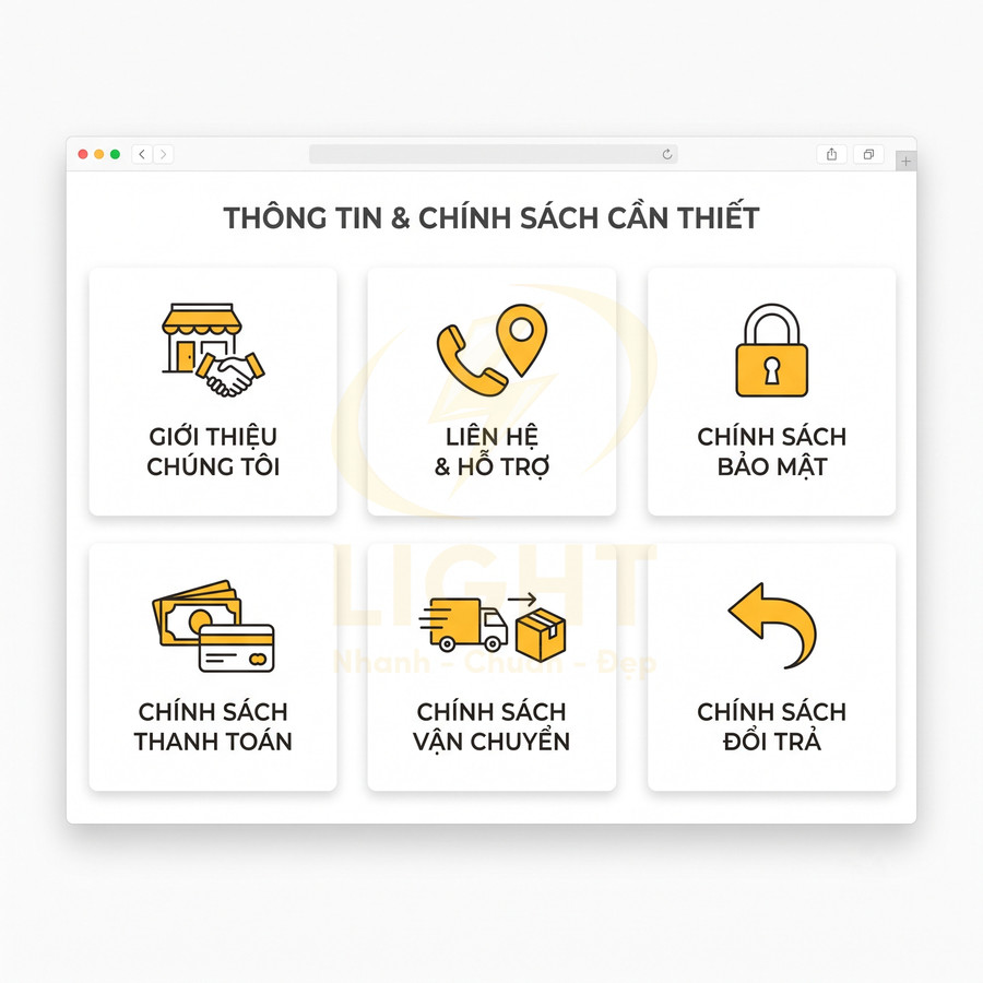 Giao diện website hiển thị các mục giới thiệu, liên hệ hỗ trợ và các chính sách bảo mật thanh toán vận chuyển đổi trả