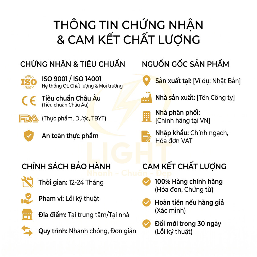 Thông tin chứng nhận, nguồn gốc, bảo hành và cam kết chất lượng sản phẩm thiết bị chăm sóc sức khỏe