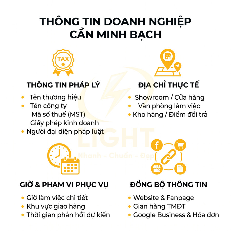 Thông tin doanh nghiệp cần minh bạch gồm pháp lý, địa chỉ, giờ phục vụ và đồng bộ website, fanpage, gian hàng online