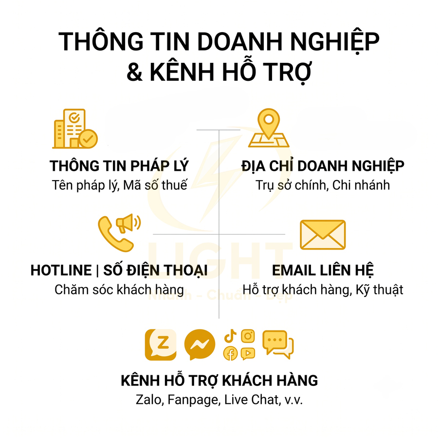 Thông tin doanh nghiệp và kênh hỗ trợ khách hàng qua địa chỉ, hotline, email, Zalo, fanpage, live chat