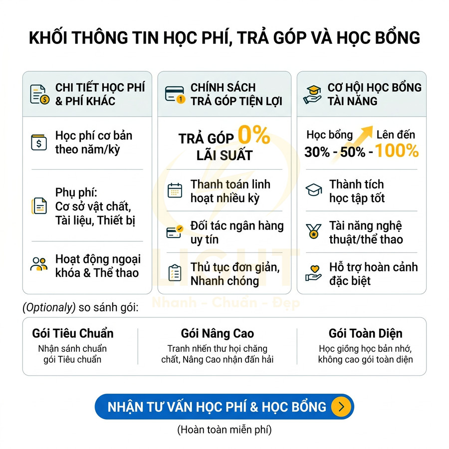 Thông tin học phí, trả góp 0 phần trăm lãi suất và học bổng tài năng cho học sinh, sinh viên