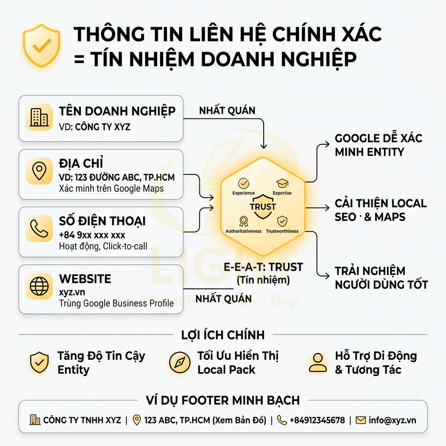 Infographic hướng dẫn tối ưu thông tin liên hệ doanh nghiệp để tăng độ tin cậy và cải thiện Local SEO trên Google Maps
