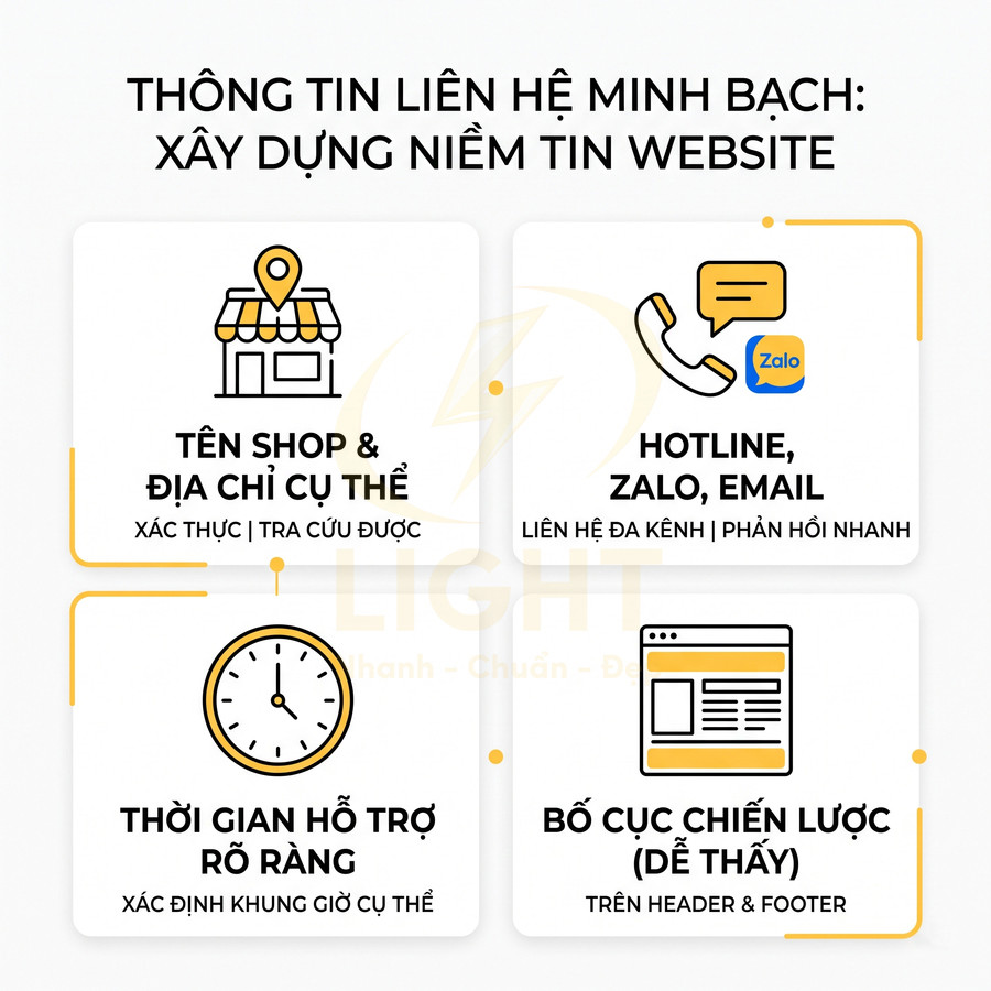 Hướng dẫn hiển thị thông tin liên hệ minh bạch trên website với tên shop, địa chỉ, hotline, Zalo, email và thời gian hỗ trợ