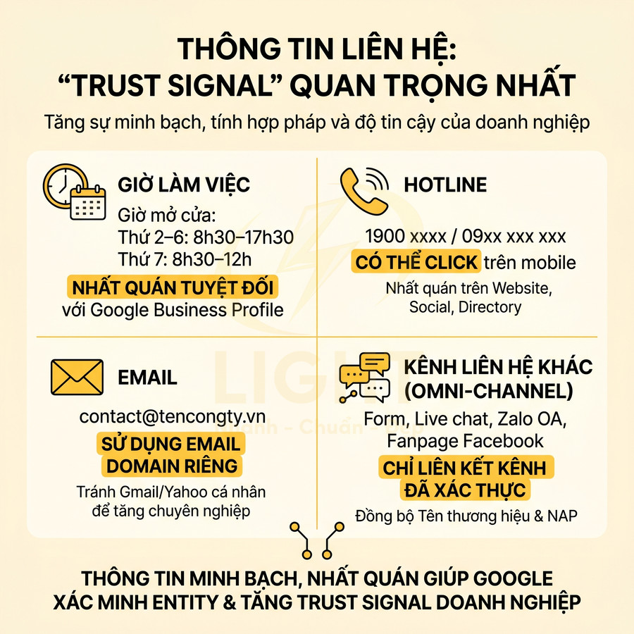 Infographic hướng dẫn tối ưu thông tin liên hệ và kênh liên lạc để tăng trust signal cho doanh nghiệp
