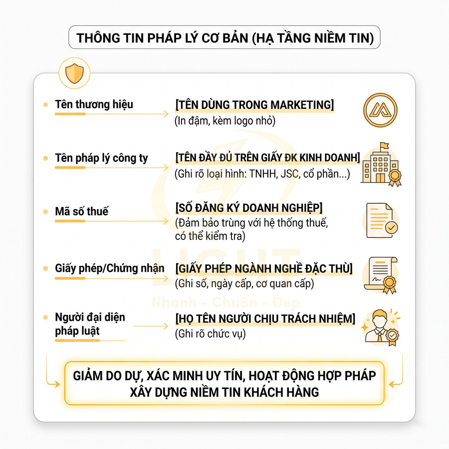 Infographic liệt kê các thông tin pháp lý cơ bản cần có của doanh nghiệp để xây dựng niềm tin khách hàng