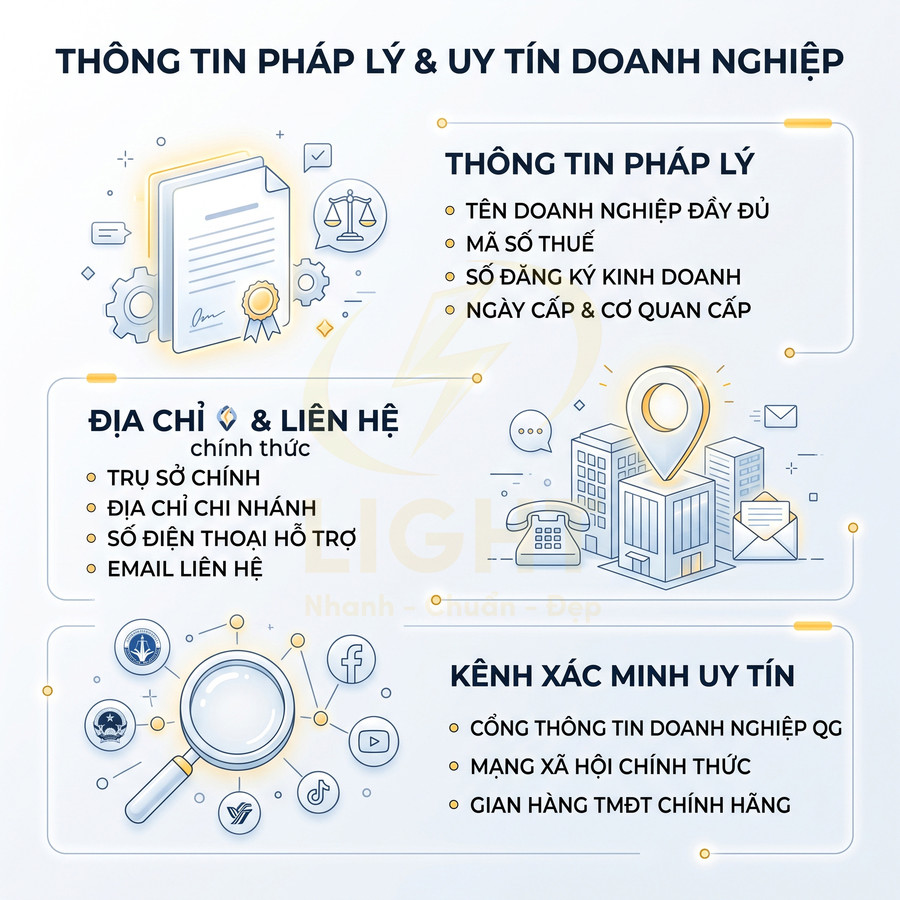 Hình minh họa các yếu tố thông tin pháp lý, địa chỉ liên hệ và kênh xác minh uy tín doanh nghiệp