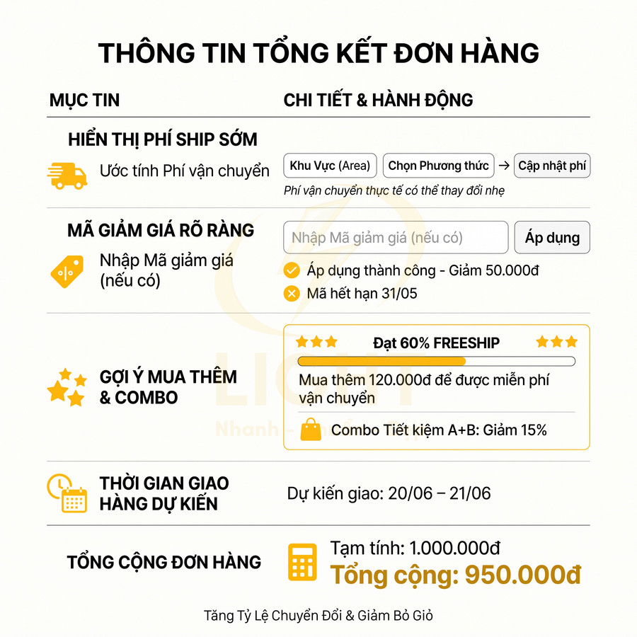Mẫu giao diện tóm tắt đơn hàng thương mại điện tử với phí ship, mã giảm giá và tổng cộng 950000đ