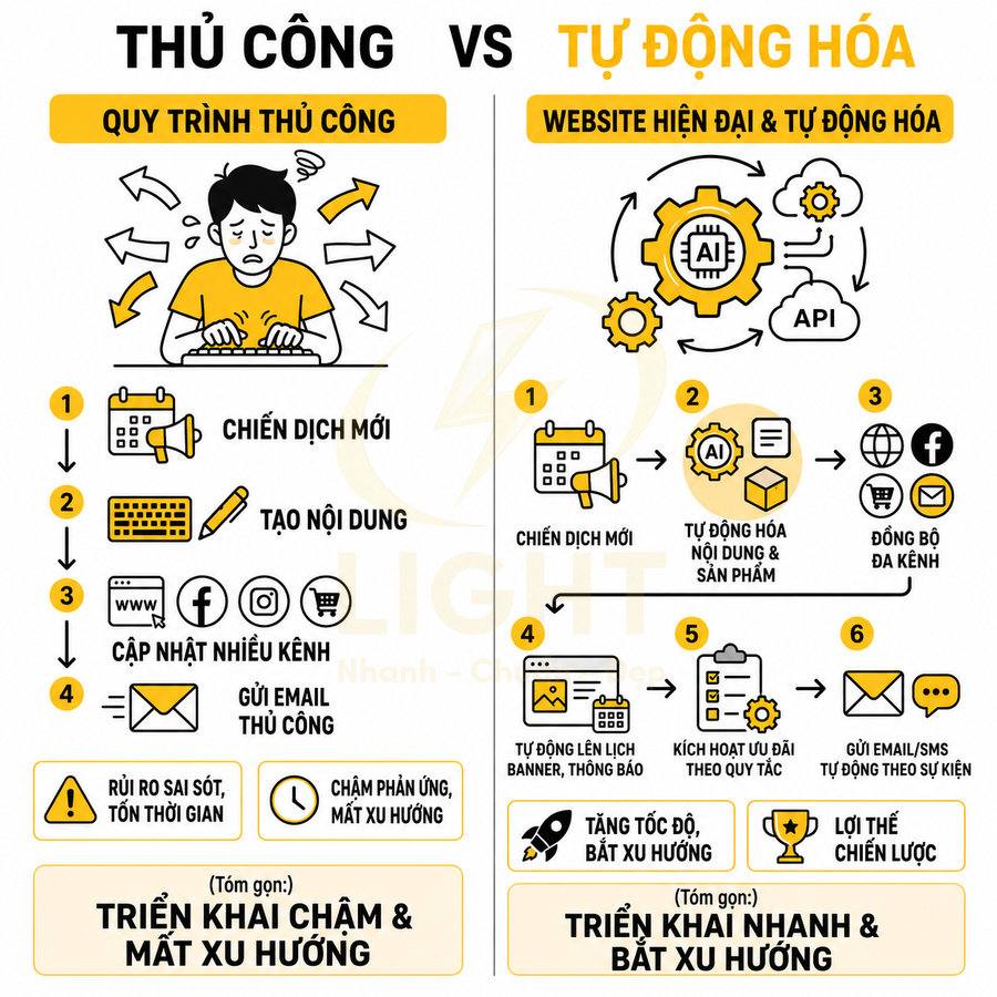So sánh quy trình marketing thủ công và website tự động hóa với AI, API và đồng bộ đa kênh