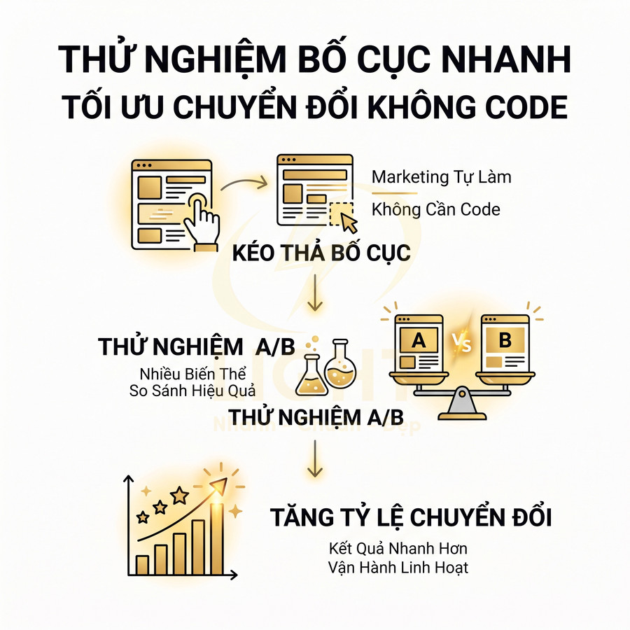 Infographic quy trình kéo thả bố cục và thử nghiệm A/B để tăng tỷ lệ chuyển đổi website không cần code