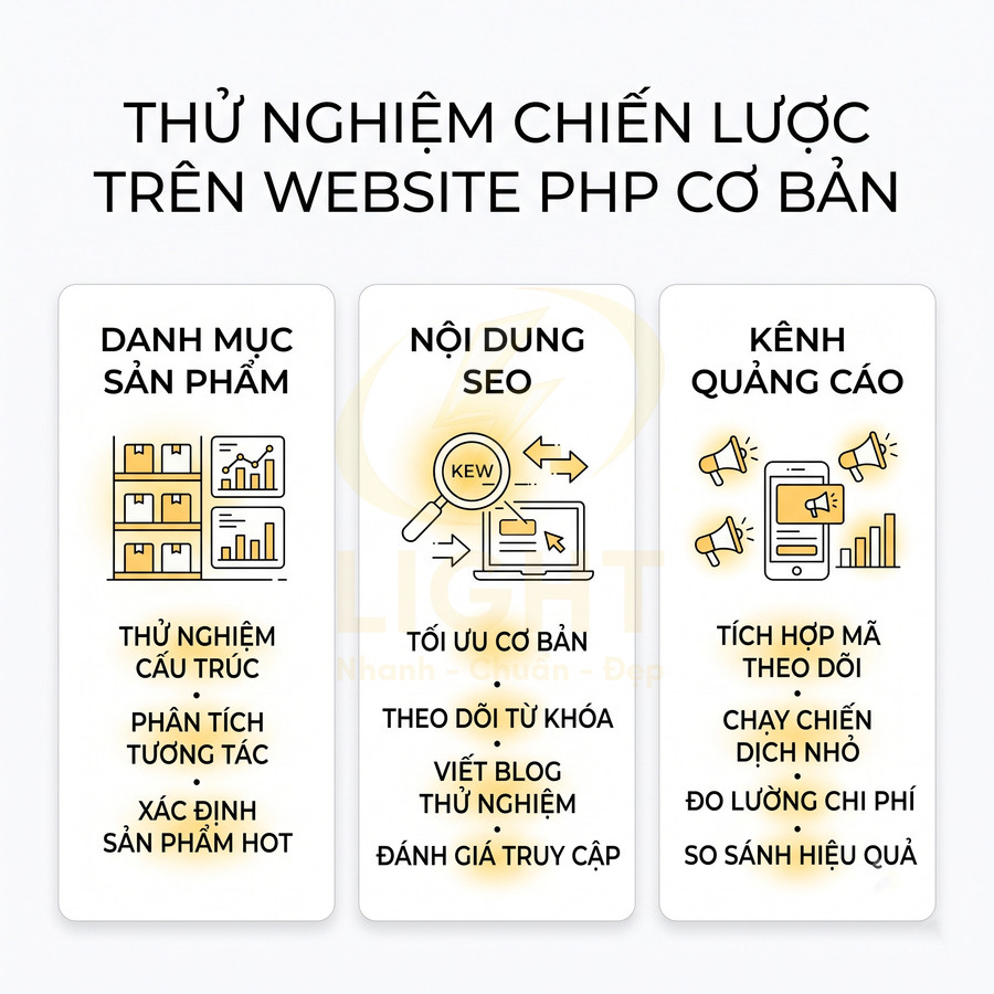 Hướng dẫn thử nghiệm chiến lược danh mục sản phẩm, nội dung SEO và kênh quảng cáo trên website PHP cơ bản