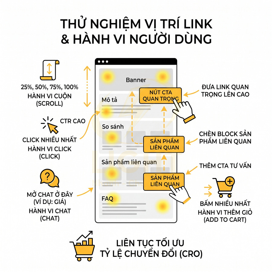 Minh họa tối ưu vị trí nút CTA và block sản phẩm liên quan trên trang web để tăng tỷ lệ chuyển đổi CRO