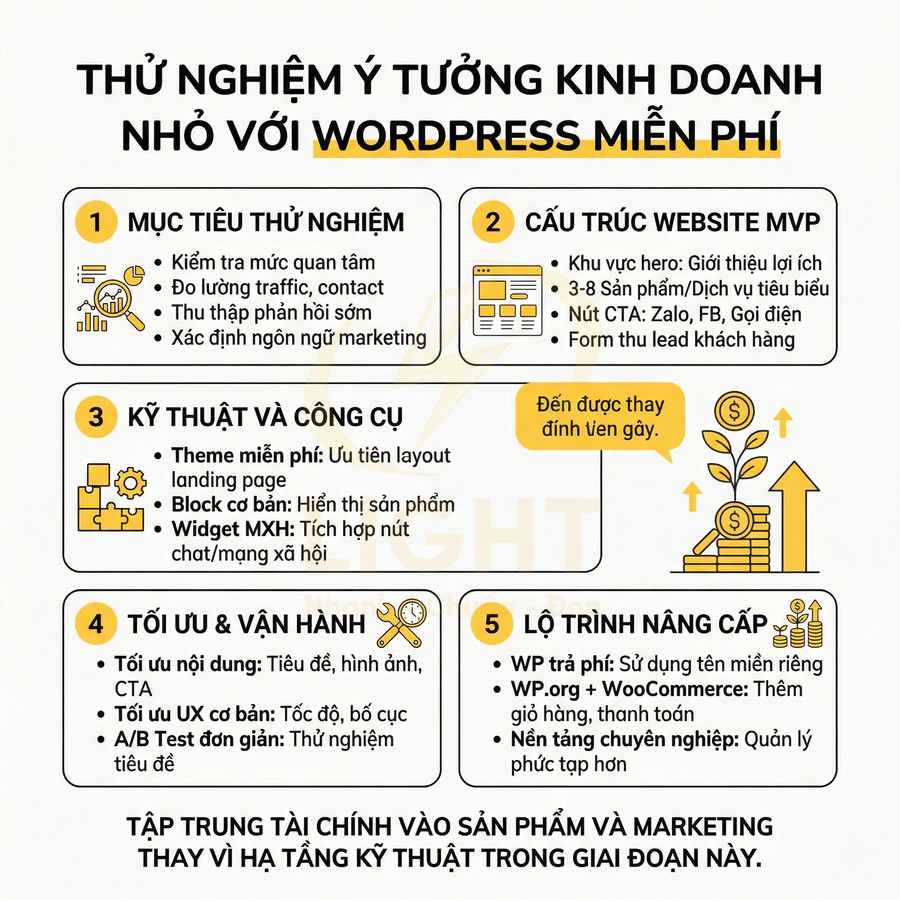 Infographic hướng dẫn thử nghiệm ý tưởng kinh doanh nhỏ với website WordPress miễn phí và lộ trình nâng cấp
