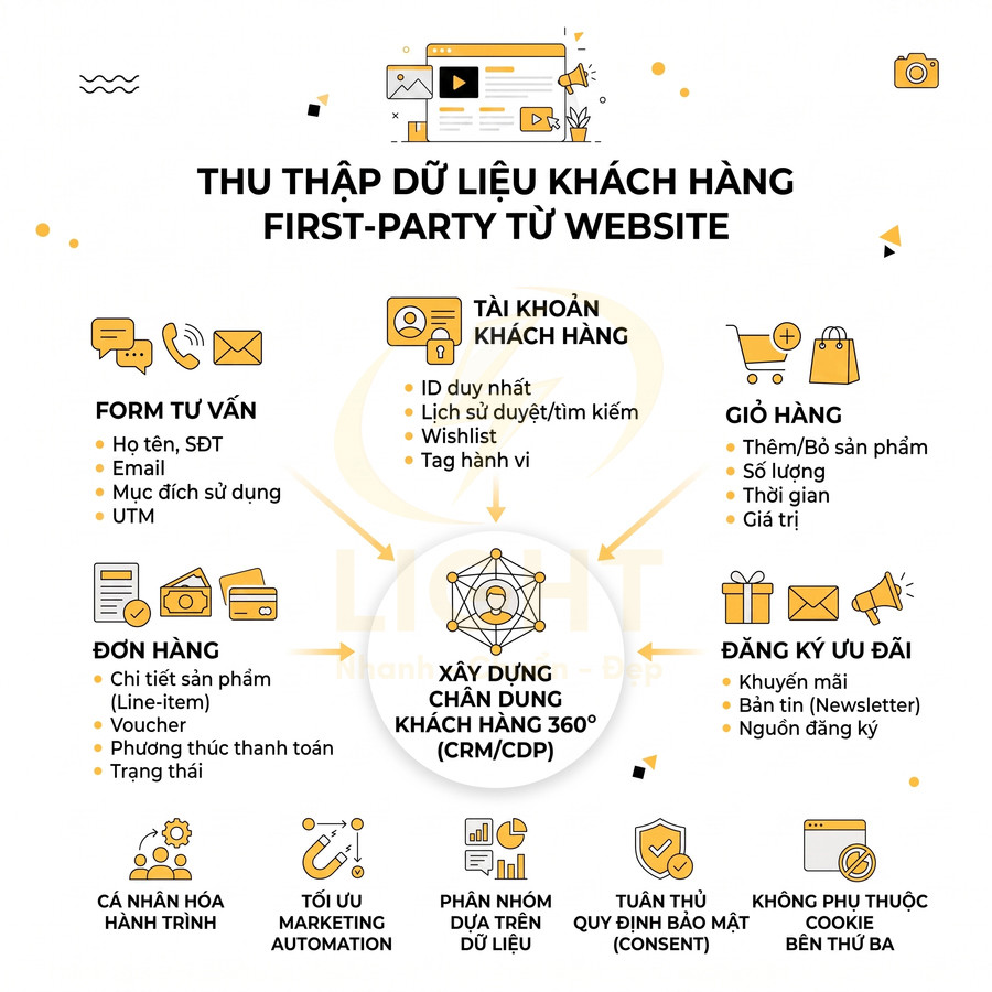 Mô hình thu thập dữ liệu khách hàng first party từ website để xây dựng chân dung khách hàng 360 độ CRM CDP