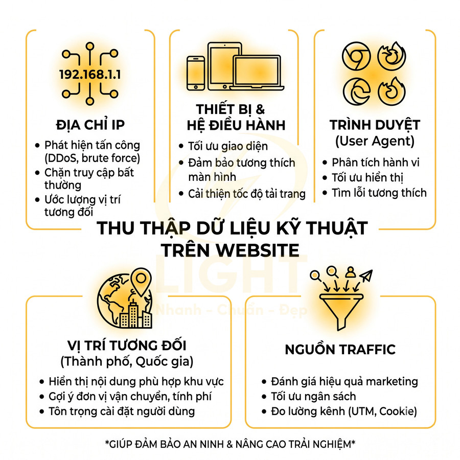 Thu thập dữ liệu kỹ thuật trên website gồm địa chỉ IP, thiết bị, hệ điều hành, trình duyệt, vị trí và nguồn traffic