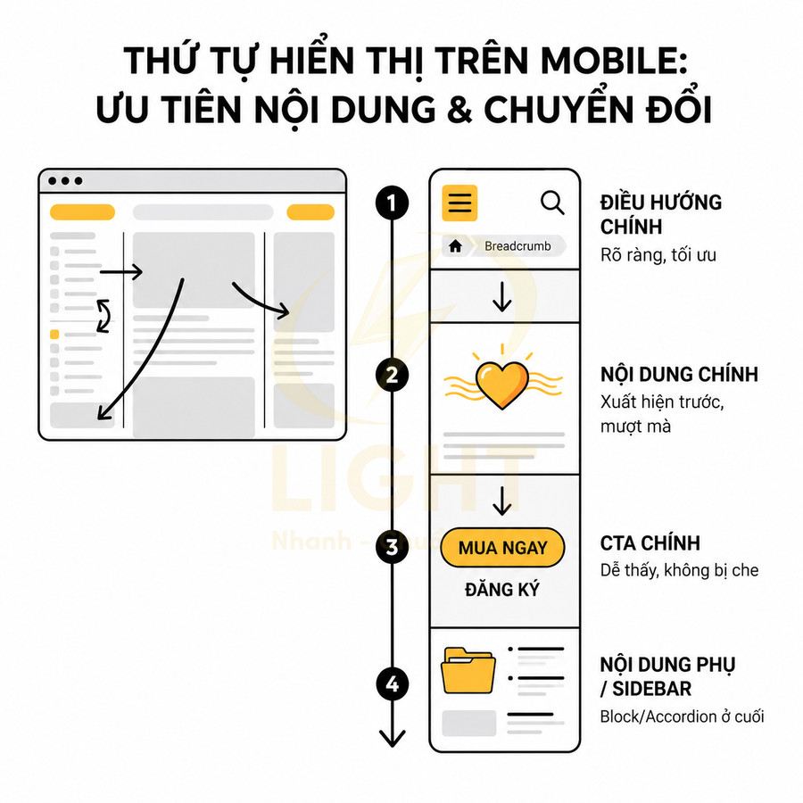 Minh họa thứ tự hiển thị nội dung trên giao diện mobile ưu tiên điều hướng, nội dung chính, CTA và sidebar