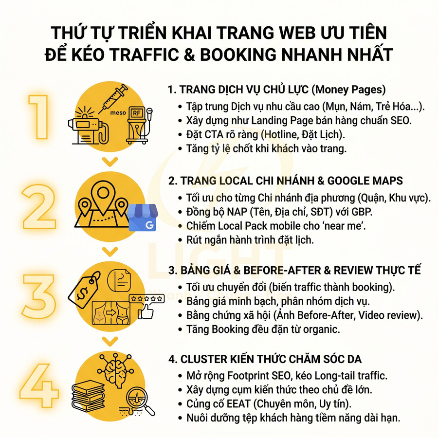 Thứ tự triển khai trang web ưu tiên để tăng traffic và booking nhanh cho dịch vụ spa thẩm mỹ