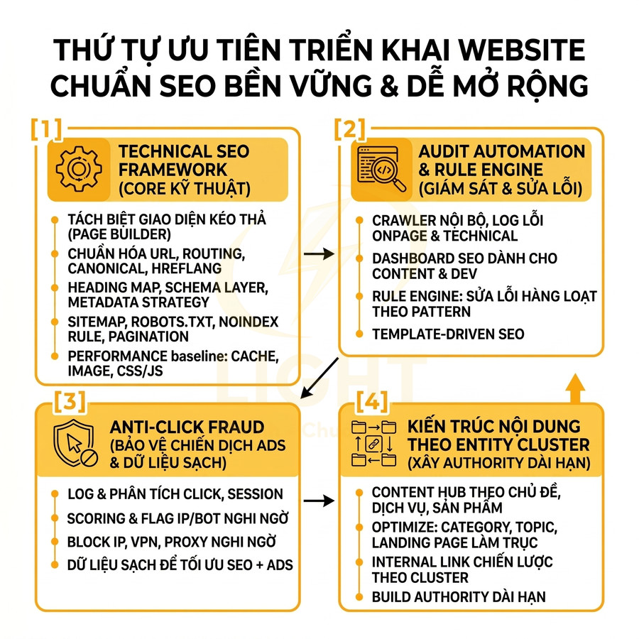 Thứ tự ưu tiên triển khai website chuẩn SEO bền vững với 4 bước từ technical SEO đến kiến trúc nội dung