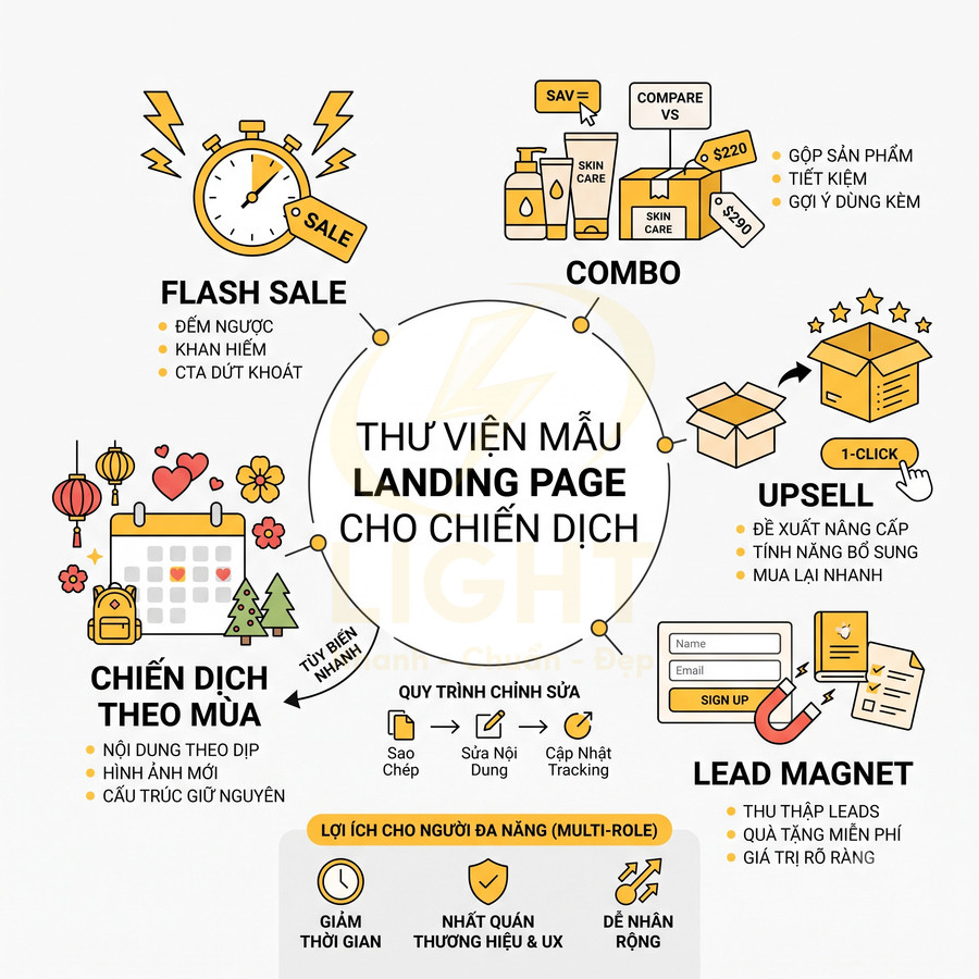Mẫu thiết kế landing page cho chiến dịch marketing với flash sale, combo, upsell, lead magnet và chiến dịch theo mùa