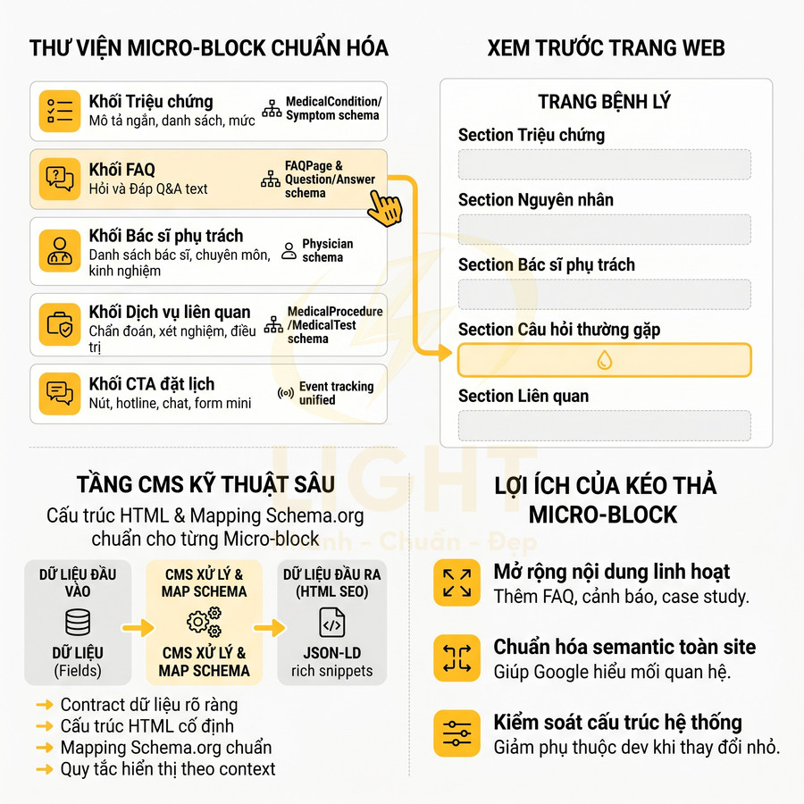Mô hình micro block chuẩn hóa nội dung y tế và schema cho trang bệnh lý, tối ưu cấu trúc HTML và SEO