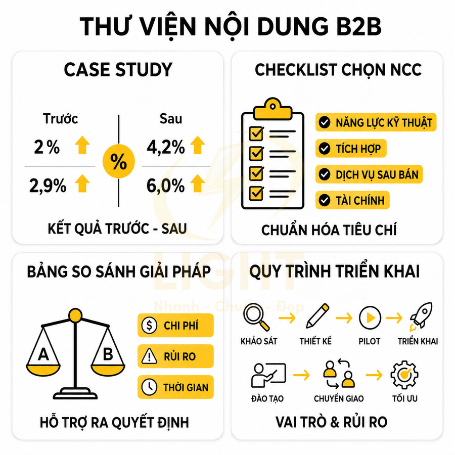Thư viện nội dung B2B với case study, checklist chọn nhà cung cấp, bảng so sánh giải pháp và quy trình triển khai
