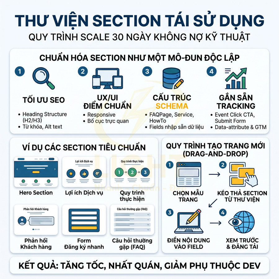 Infographic thư viện section tái sử dụng cho website, hướng dẫn tối ưu SEO và quy trình tạo trang mới drag and drop