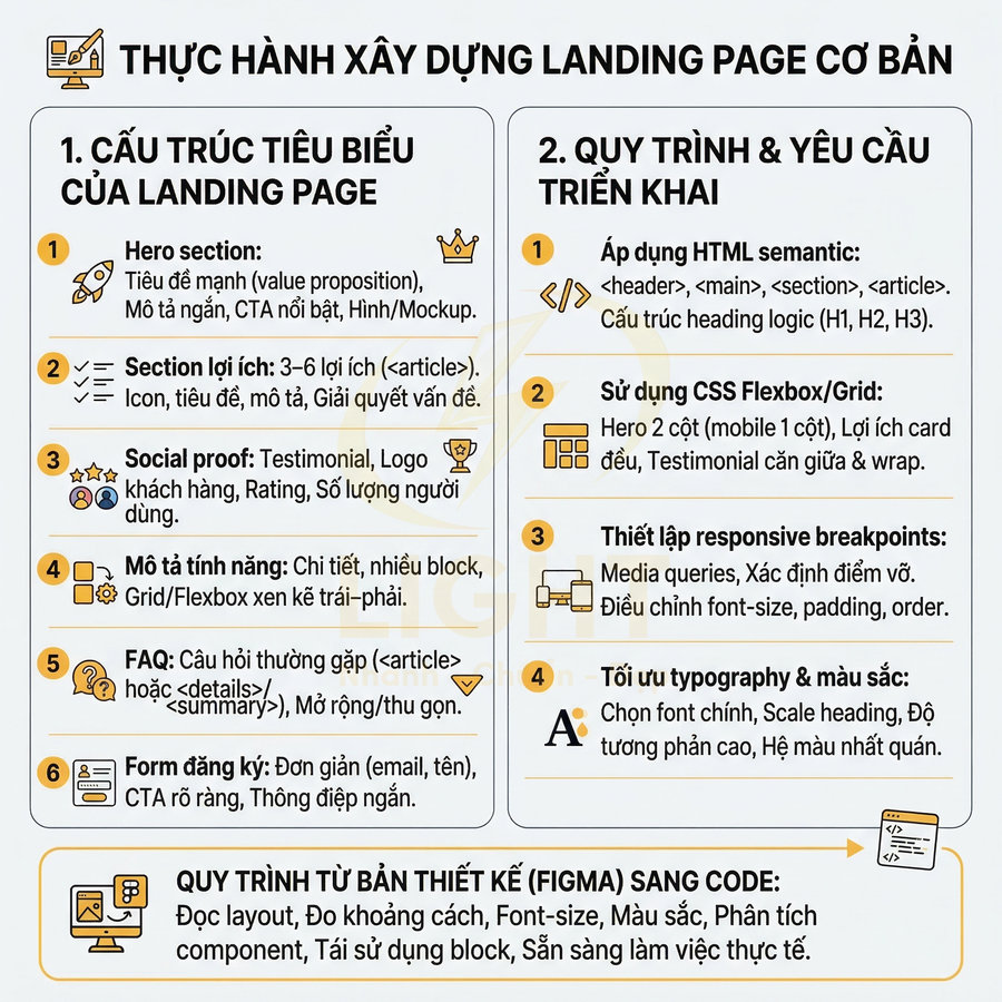 Hướng dẫn thực hành xây dựng landing page cơ bản với cấu trúc, quy trình và yêu cầu triển khai chi tiết