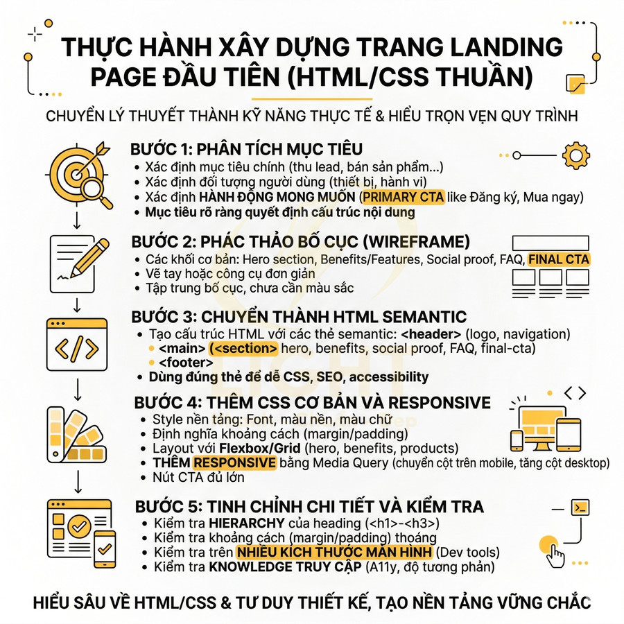Quy trình 5 bước thực hành xây dựng trang landing page đầu tiên bằng HTML CSS thuần